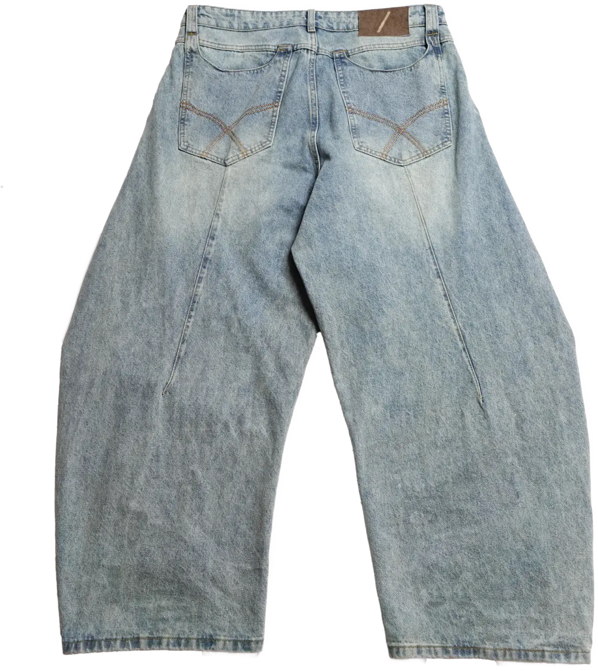 Back view of light blue Curve 1010 barrel jeans lying flat