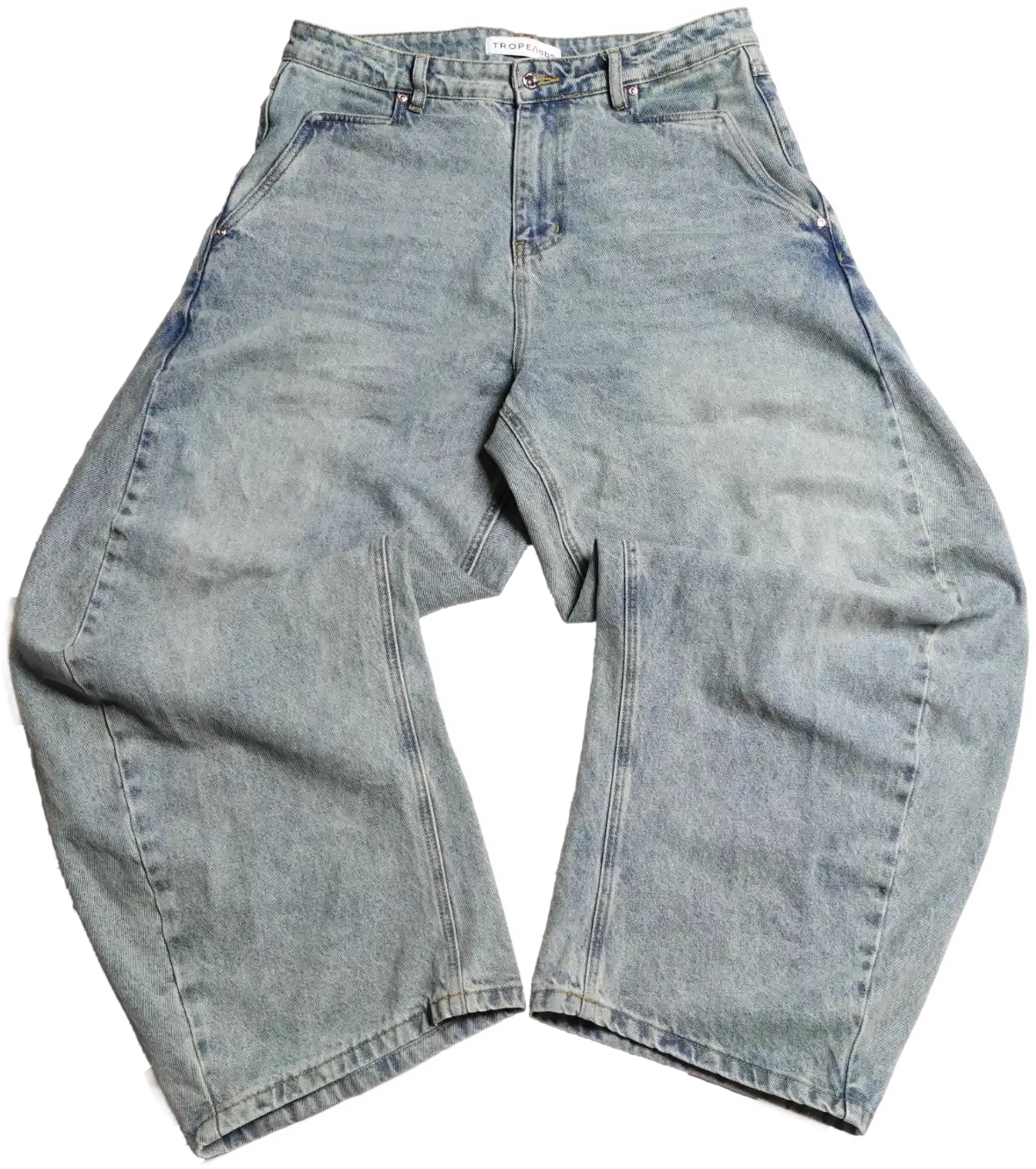 Front view of light blue Curve 1010 barrel jeans lying flat