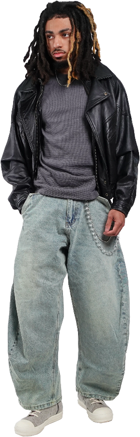 Model wearing a black leather jacket, gray shirt, and light blue barrel jeans 